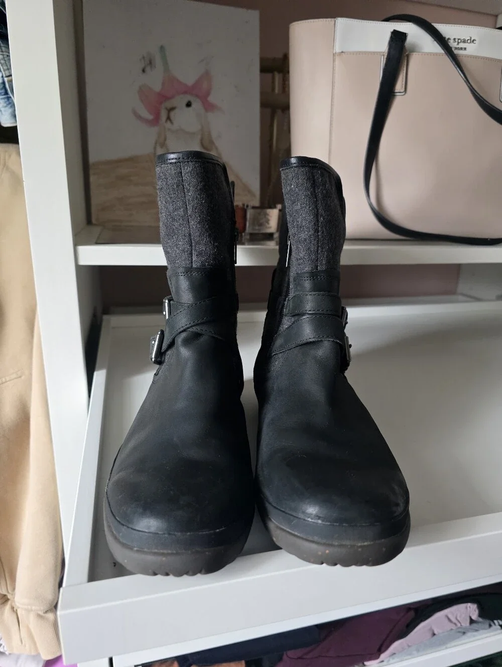 Ugg  Black Leather & Gray Fabric Ankle Boots with Buckle Detail